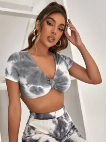 SHEIN Unity Ruched Front Tie Dye Rib-knit Crop Tee - Grey - View 3
