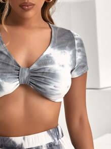 SHEIN Unity Ruched Front Tie Dye Rib-knit Crop Tee - Grey - View 4