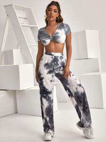 SHEIN Unity Ruched Front Tie Dye Rib-knit Crop Tee - Grey - View 5