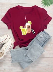 Camiseta con estampado de jugo de dibujos animados y letra - Burdeos - Ver 1