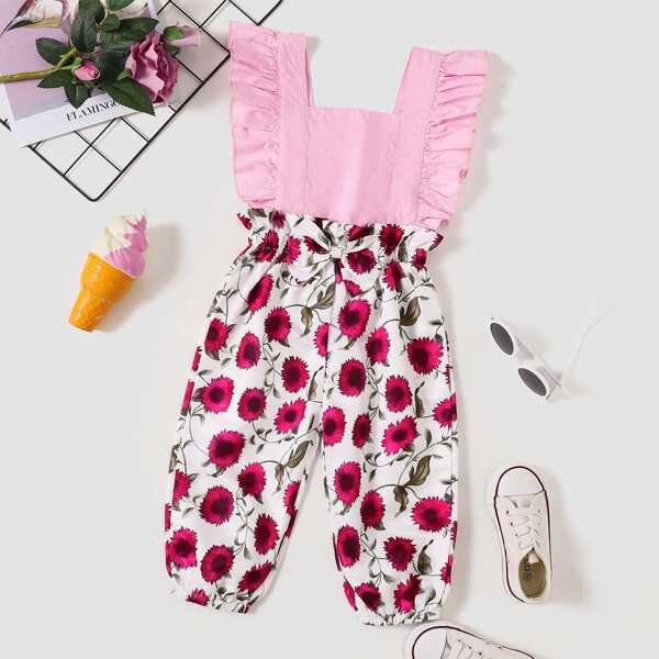 

Toddler Girls Floral Ruffle Trim Bow Jumpsuit, Multicolor