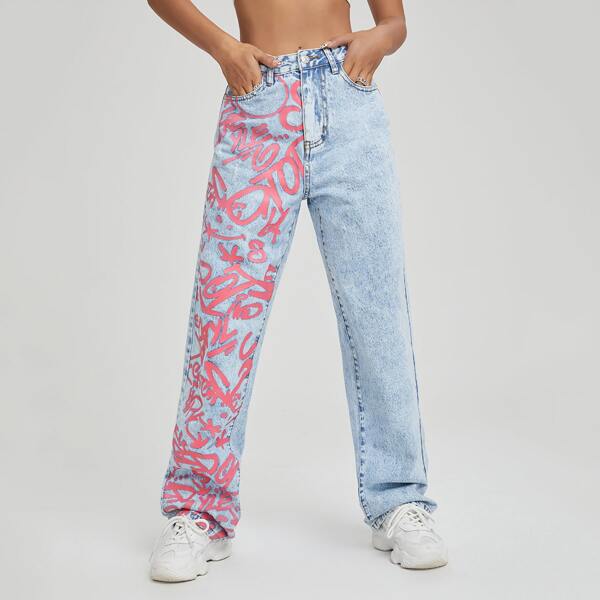 

High Waist Letter Graphic Jeans, Light wash