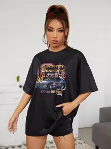 SHEIN Drop Shoulder Letter & Car Print Tee - Black - View 1