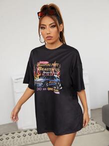 SHEIN Drop Shoulder Letter & Car Print Tee - Black - View 3
