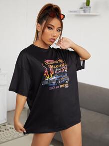 SHEIN Drop Shoulder Letter & Car Print Tee - Black - View 4