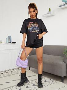 SHEIN Drop Shoulder Letter & Car Print Tee - Black - View 5