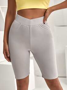 High Waist Solid Cycling Shorts - Light Grey - View 1