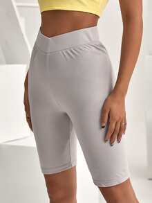 High Waist Solid Cycling Shorts - Light Grey - View 5