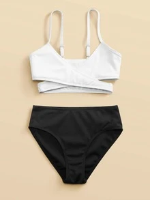 Conjunto de bikini de bloques de color con costillas y cruce para niña preadolescente, playa de verano