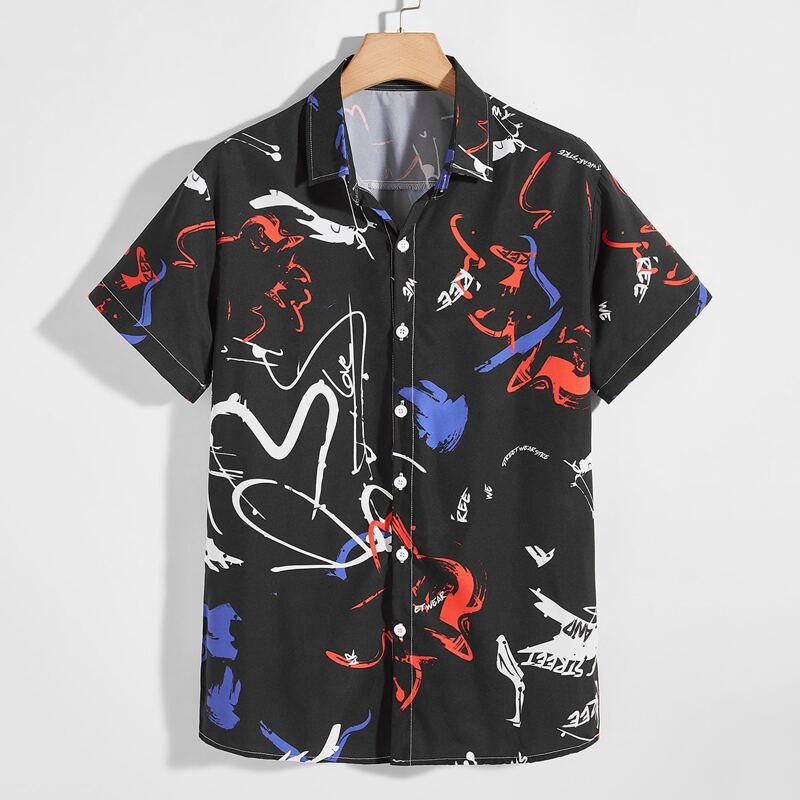

Guys All Over Print Button Front Shirt, Black