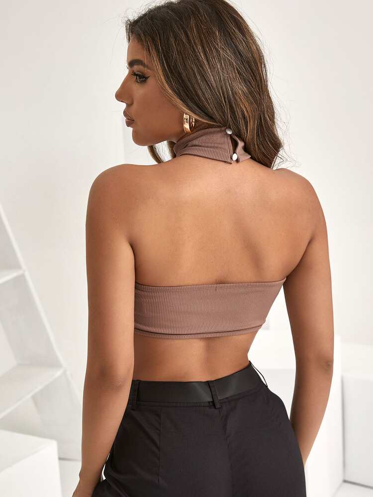 Top corto halter orlo asimmetrico a costine - Moka Marrone - Visualizzare 2