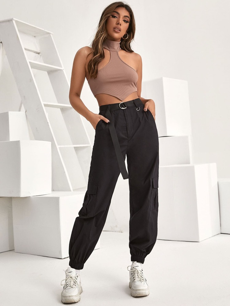 Top corto halter orlo asimmetrico a costine - Moka Marrone - Visualizzare 4