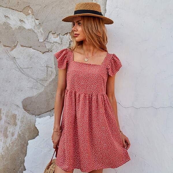 

Square Neck Butterfly Sleeve Allover Print Dress, Watermelon pink