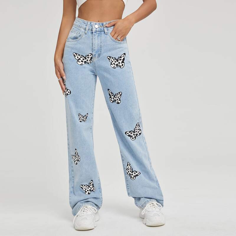 

High Waist Butterfly Print Jeans, Light wash
