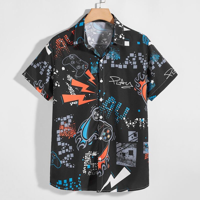 

Guys Game Handle Graphic Button Front Shirt, Black