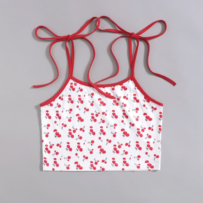 

Cherry Print Tie Shoulder Crop Cami, Red and white