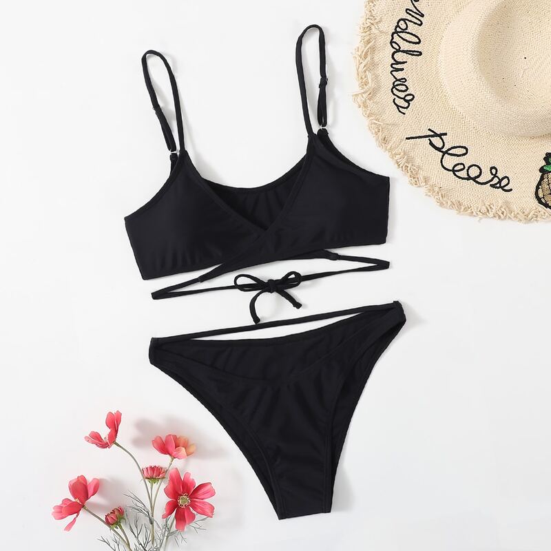 

Solid Wrap Bikini Swimsuit, Black