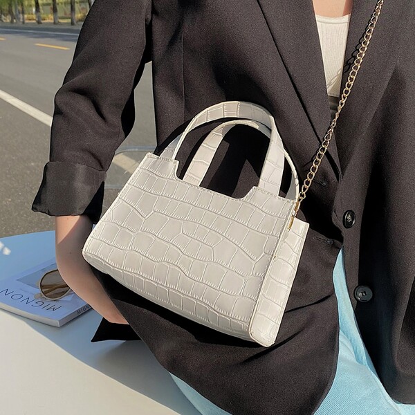 

Croc Embossed Chain Satchel Bag, White