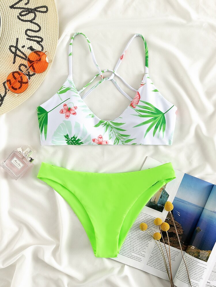 Bikini sexy con diseño impreso tropical y espalda cruzada descubierta estilo picardías - Multicolor - Añade 1