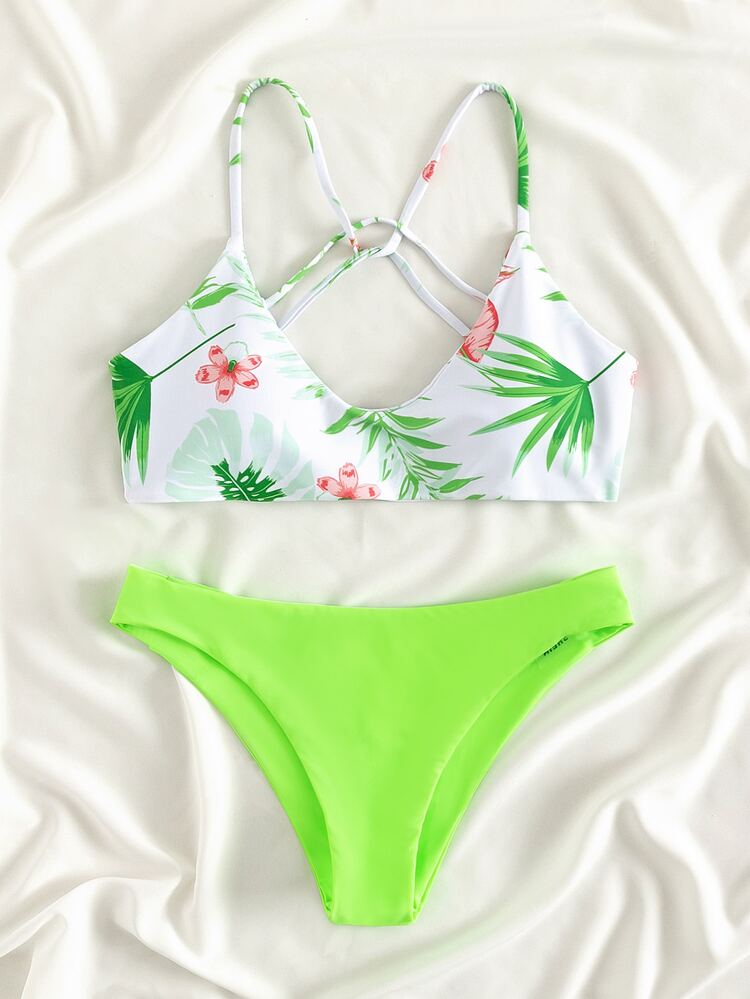 Bikini sexy con diseño impreso tropical y espalda cruzada descubierta estilo picardías - Multicolor - Añade 3