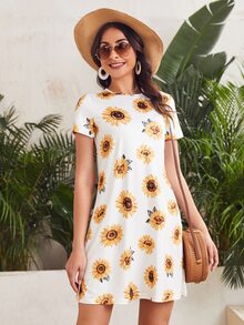 SHEIN Sunflower Print Tee Dress - Multicolor - View 3