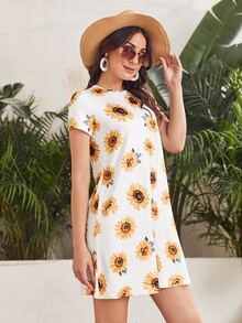 SHEIN Sunflower Print Tee Dress - Multicolor - View 5