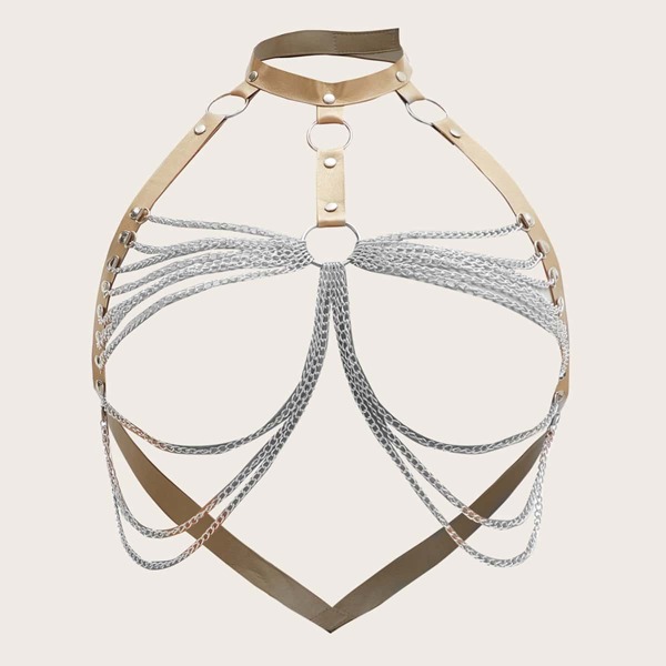 

Plus Chain Linked PU Harness Bra, Multicolor