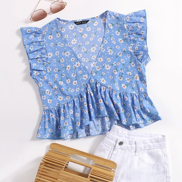 

Ruffle Hem Ditsy Floral Top, Blue