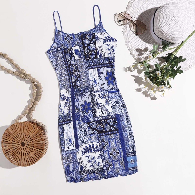 

Patchwork Print Lettuce Trim Dress, Blue and white