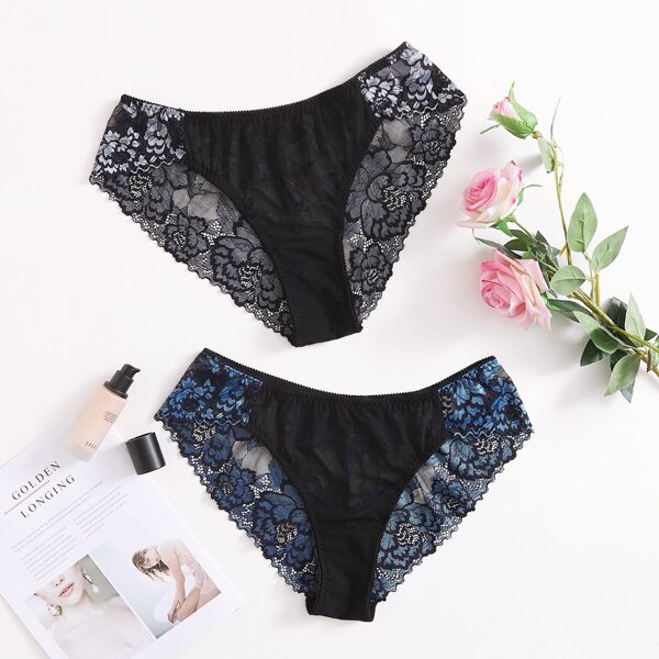 

2pack Plus Contrast Lace Panty Set, Black