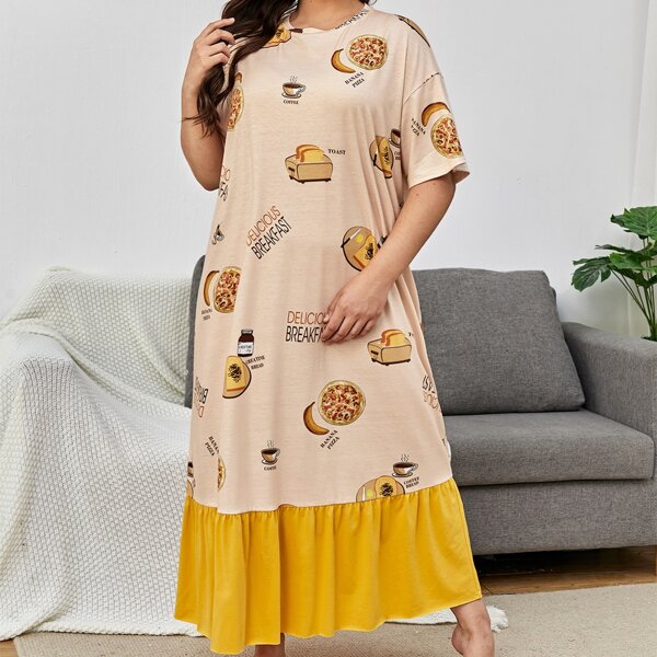 

Plus Letter & Food Print Ruffle Hem Sleepdress, Multicolor