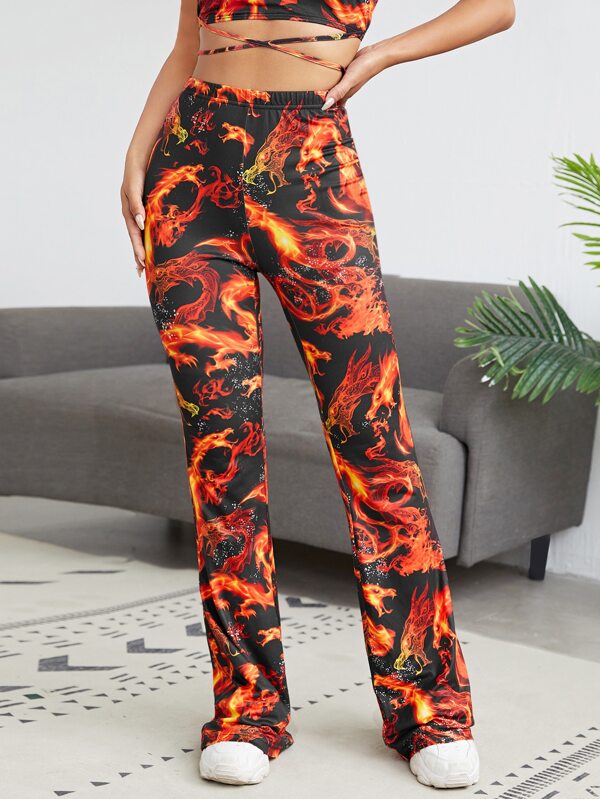 SHEIN Fire Dragon Print Flare Leg Pants 