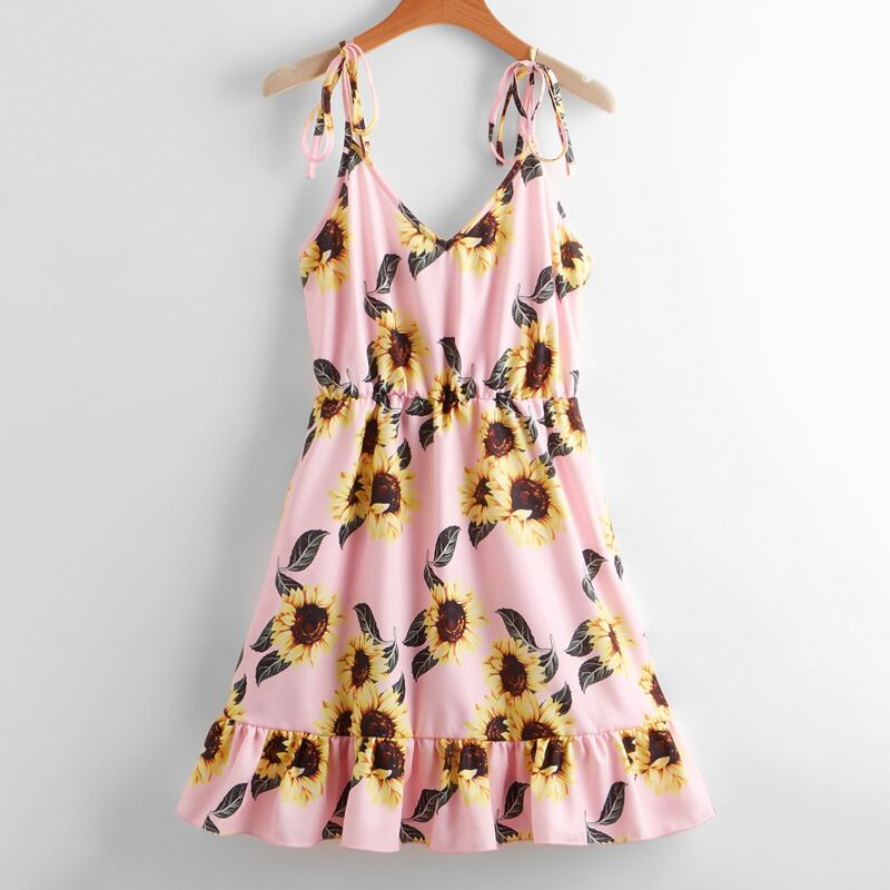 

Sunflower Print Tie Shoulder Cami Dress, Baby pink