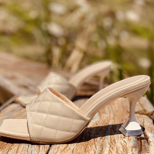 

Minimalist Quilted Pyramid Heeled Mules, Beige