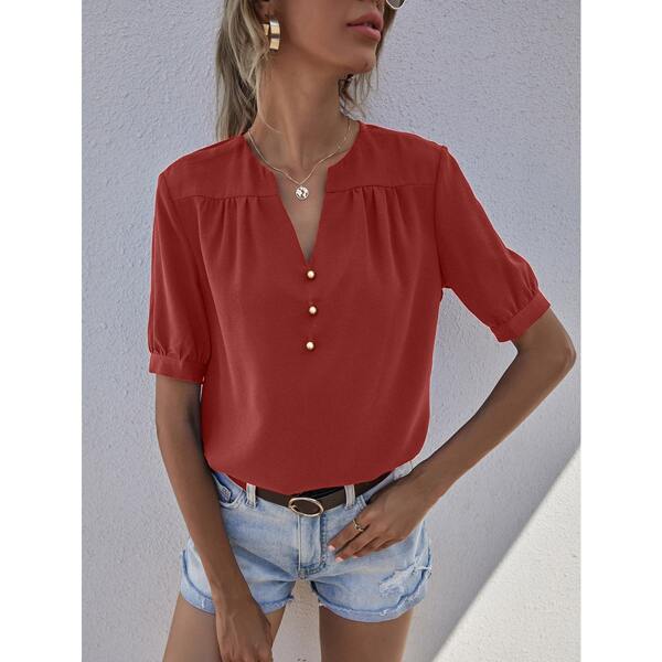 

Solid Button Front Blouse, Burgundy