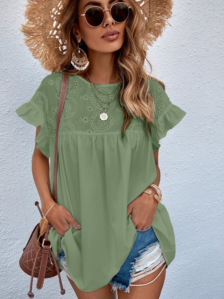 SHEIN Unity Schiffy Panel Flounce Sleeve Blouse - Green - View 1