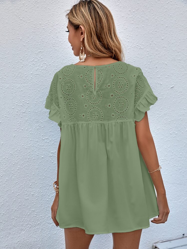 SHEIN Unity Schiffy Panel Flounce Sleeve Blouse - Green - View 2