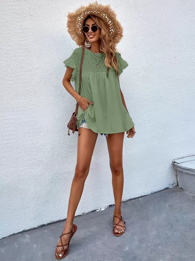 SHEIN Unity Schiffy Panel Flounce Sleeve Blouse - Green - View 4