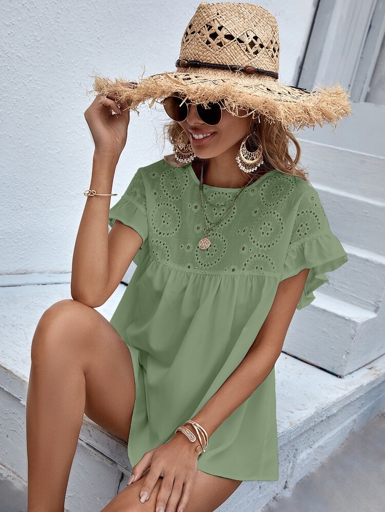 SHEIN Unity Camisa de manga con volante panel schiffy - Verde - Añade 5