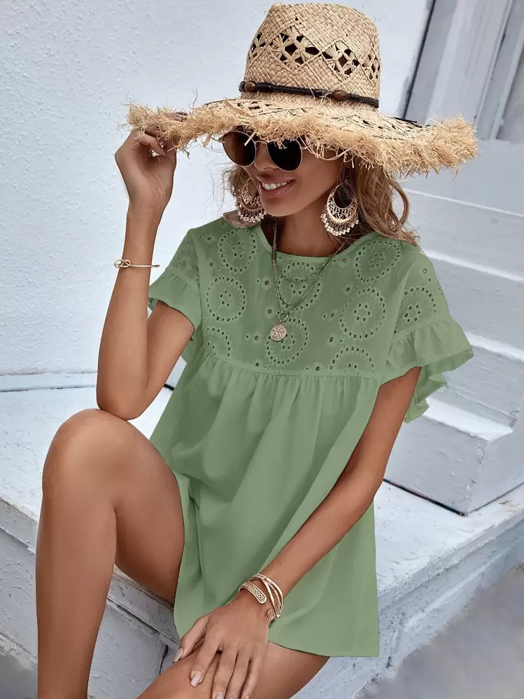 SHEIN Unity Schiffy Panel Flounce Sleeve Blouse - Green - View 5