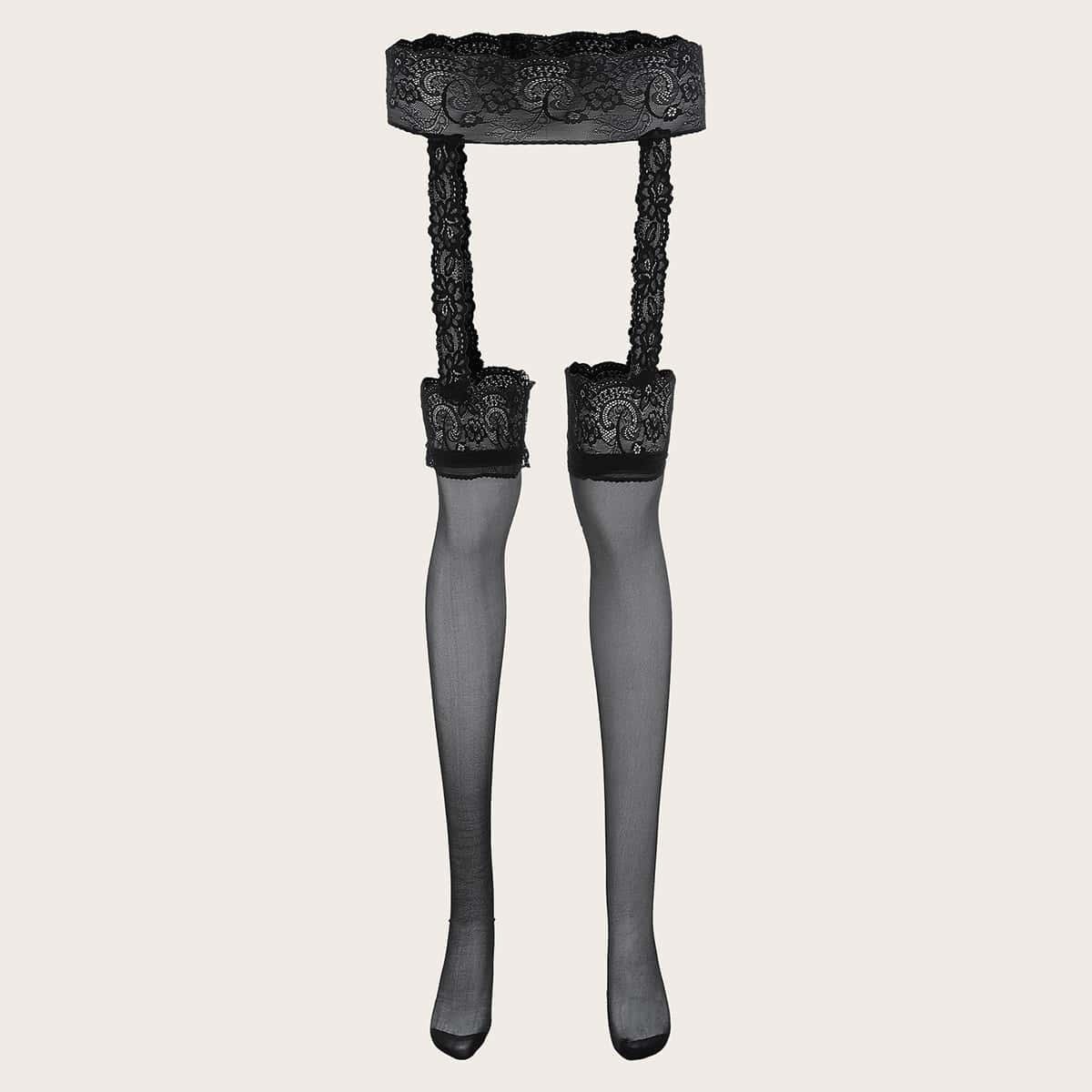 

Contrast Lace Garter socks, Black