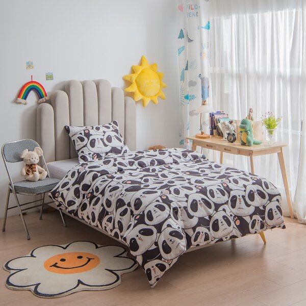 

Cartoon Panda Print Kids Duvet Cover Set Without Filler, Black and white