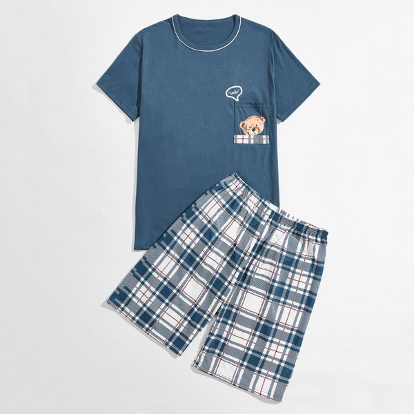 

Men Cartoon And Plaid PJ Set, Multicolor
