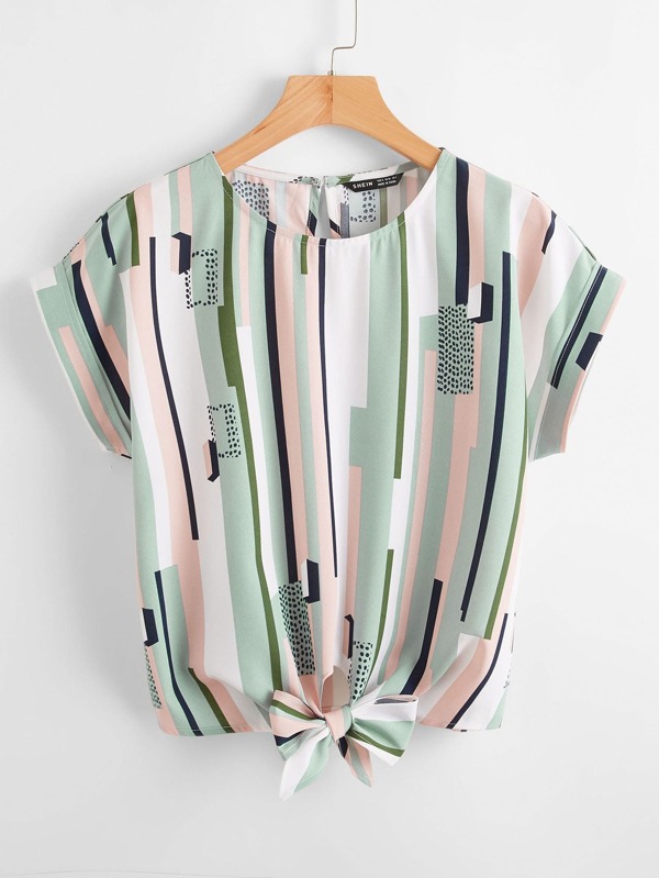 SHEIN LUNE Knot Hem Striped Top