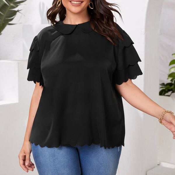 

Plus Scallop Trim Solid Blouse, Black