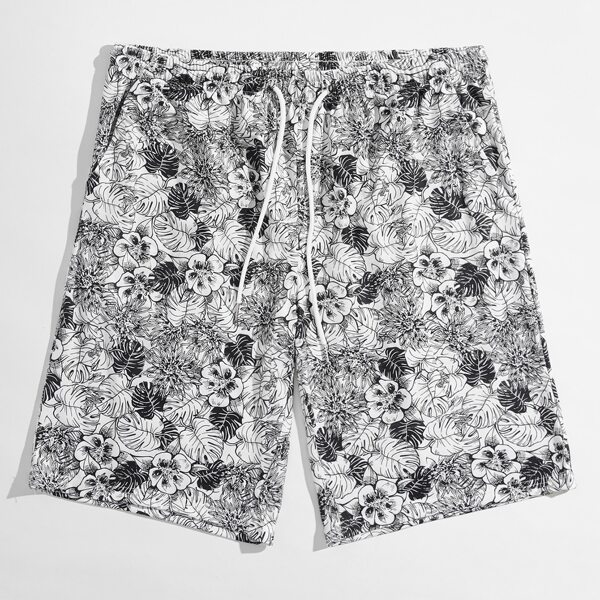 

Men Tropical Print Drawstring Waist Sleep Shorts, Black and white