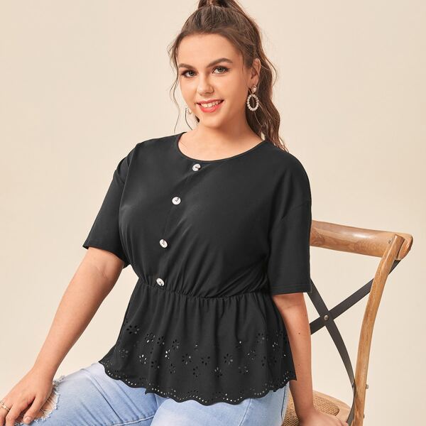 

Plus Button Half Laser Cut Peplum Top, Black