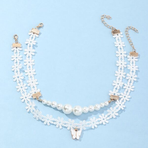 

2pcs Girls Faux Pearl Decor Necklace, White