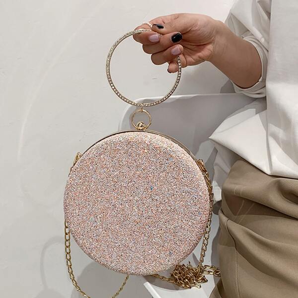 

Rhinestone Handle Glitter Clutch Bag, Pink
