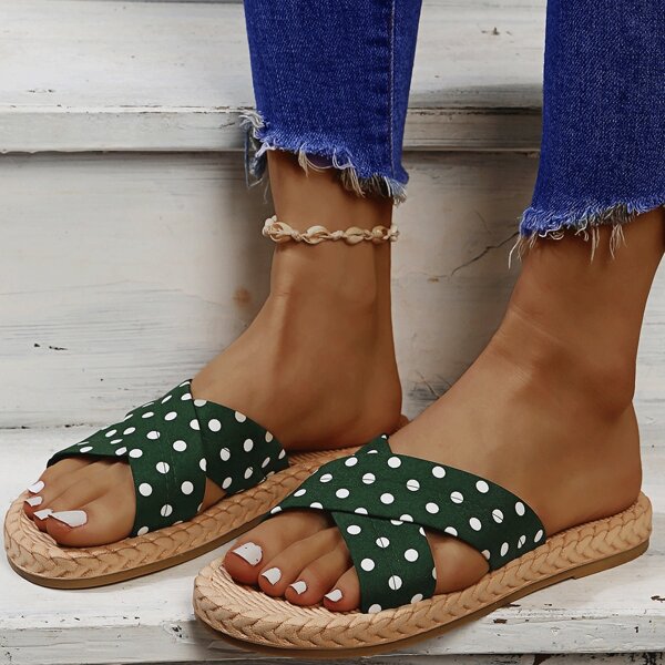 

Polka Dot Cross Strap Slides, Green
